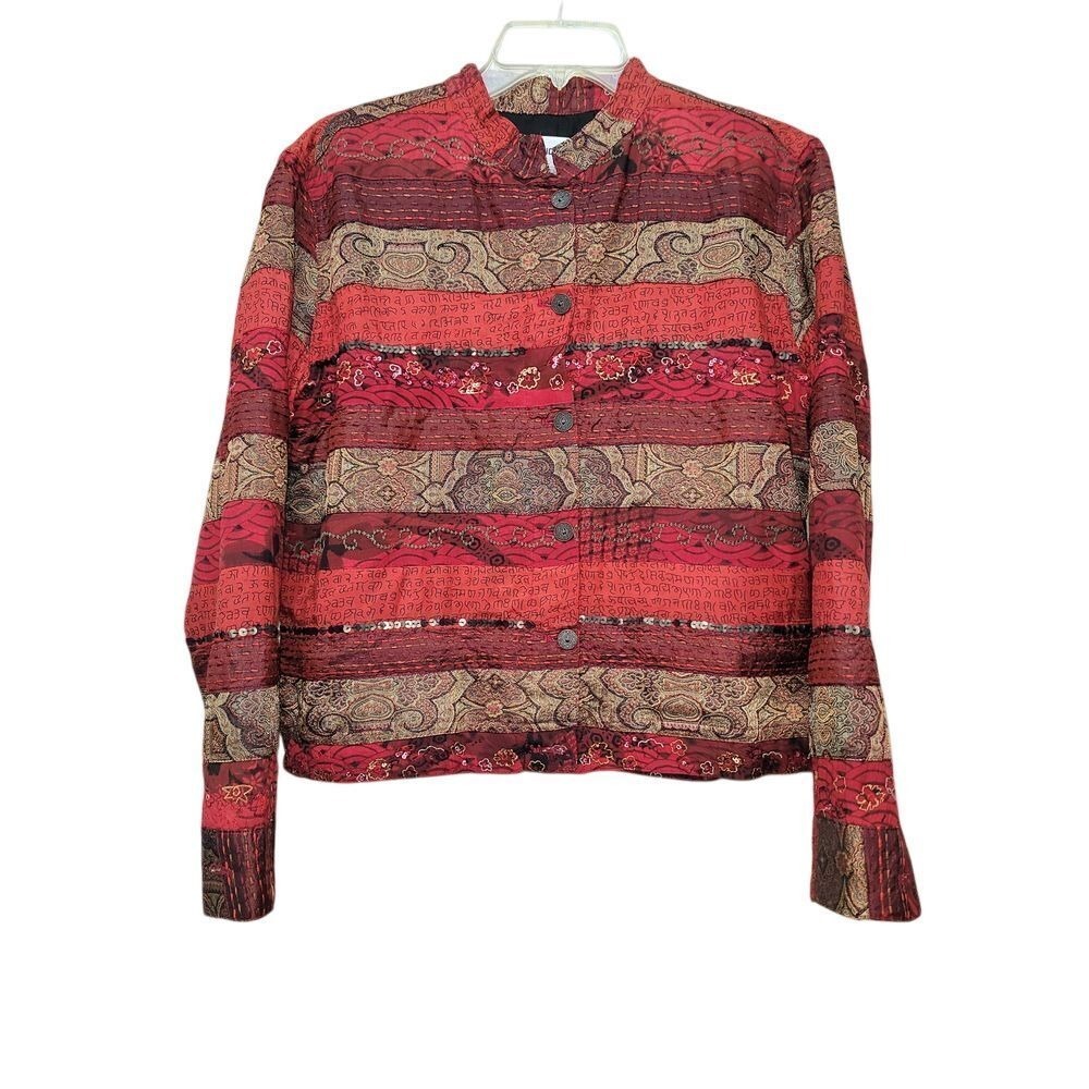 Chicos Red Patchwork Long Sleeves Blazer Office Artsy Boho Retro Tribal Work M